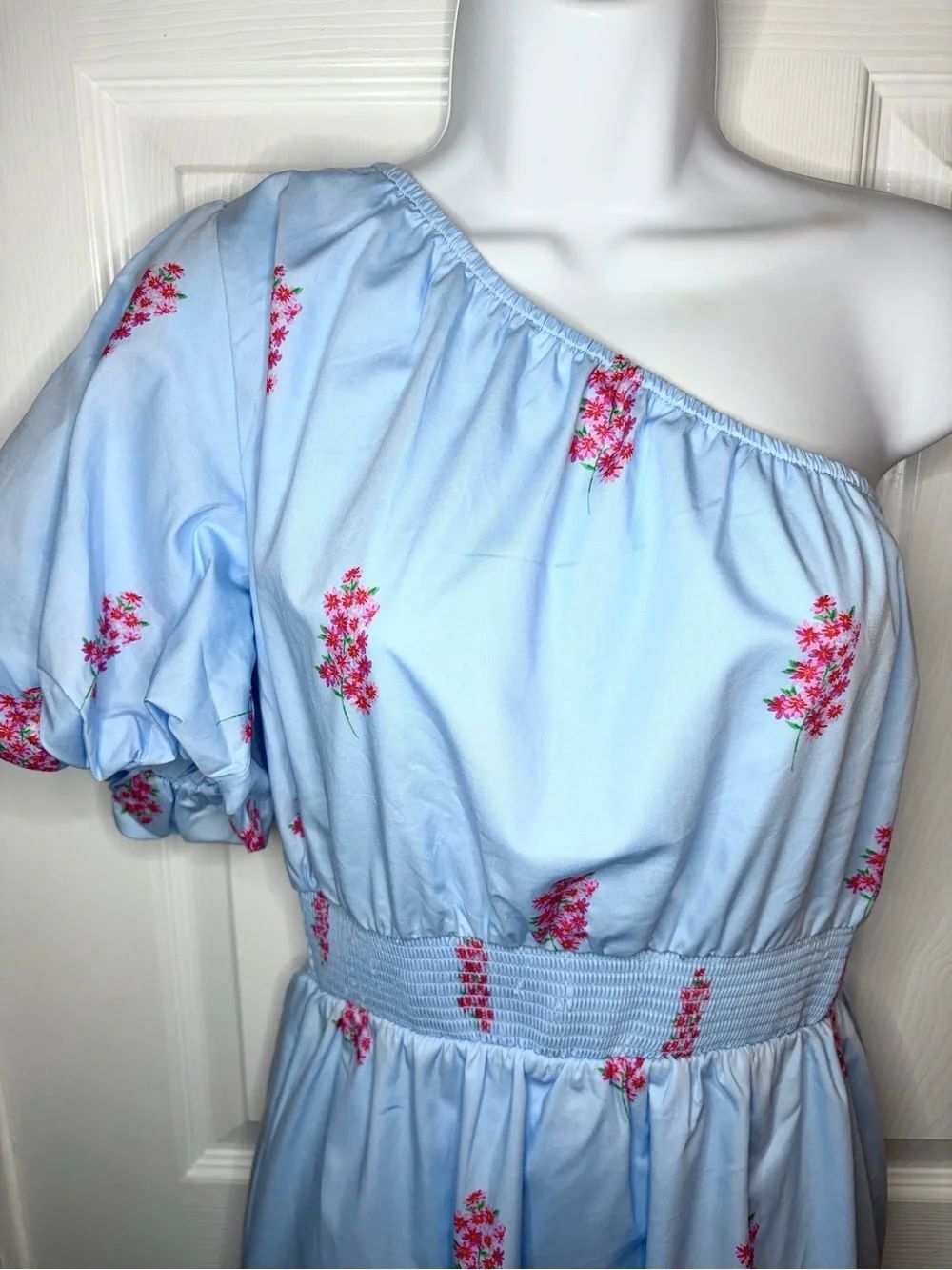 SUGARLIPS Gelato Baby Blue Pink Floral Bridgette Cotton One Shoulder Midi Dress - Picture 6 of 13